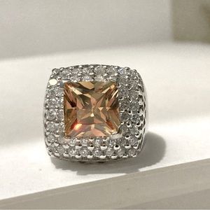 Peach & Clear CZ 925 Sterling Heavy Square Cocktail Statement Ring sz7